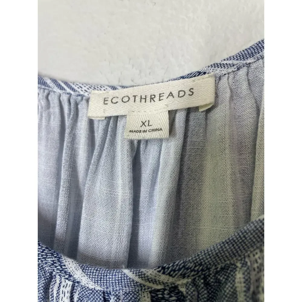 Ecothreads Blue Tiered Striped Dress Boho Cottage Size XL Ruffle Sleeve Midi